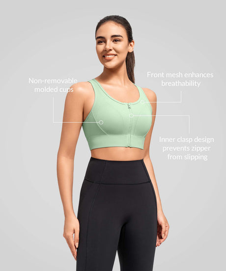 Power Zip Front Key Hole Back Sports Bra | Women's High Support Sports Bra