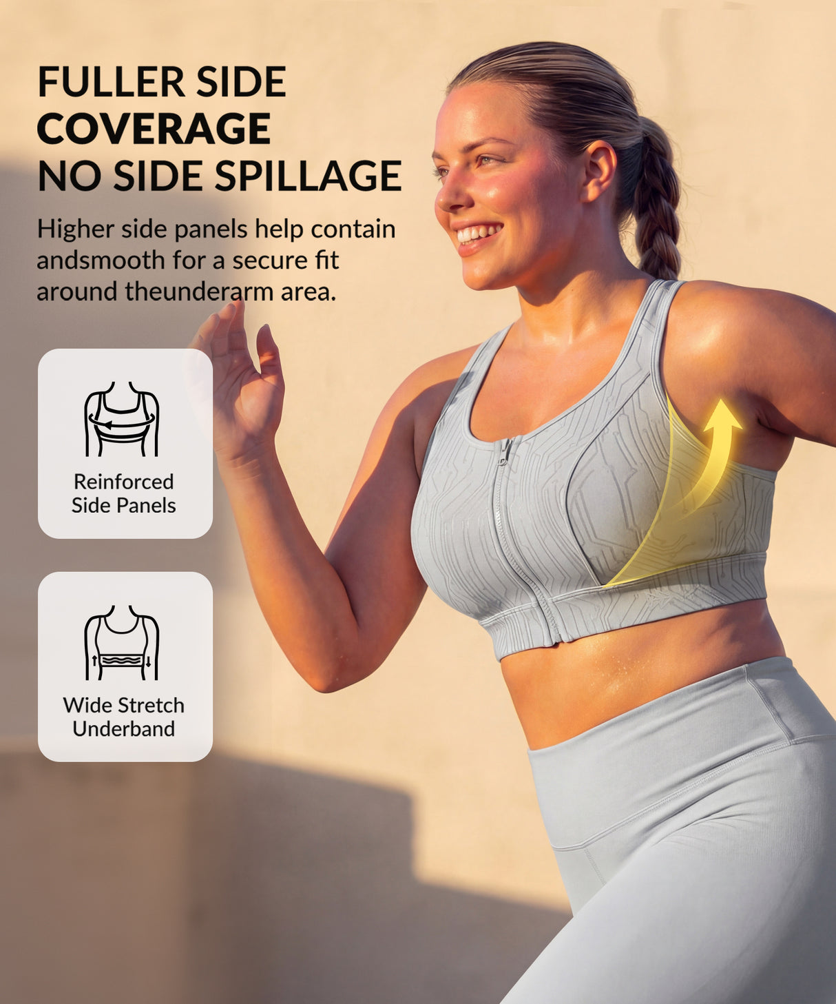 Power Zip Front Stripe Pattern Running Bra | Women's High Support Sports Bra