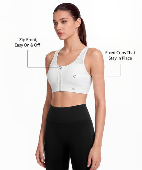 Power Breathable Zip Front Fixed Cups High Impact Bra | Women's High Support Sports Bra