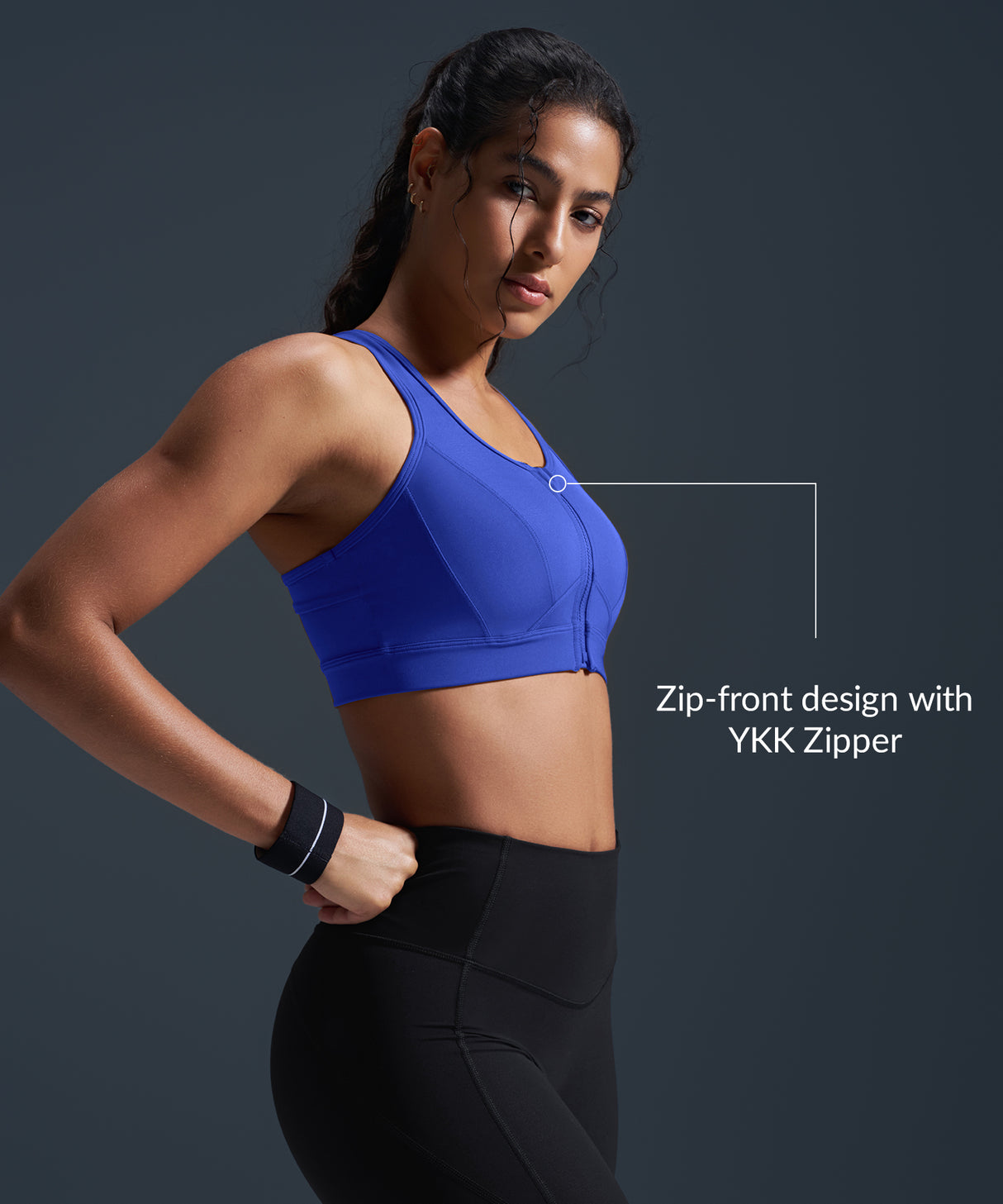 Sujetador deportivo de running con espalda nadadora, acolchado y malla con cremallera frontal Enfold | Sujetador deportivo de alta sujeción para mujer