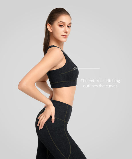 Anywhere Faux denim Fashion Running Bra | Women's High Support Sports Bra