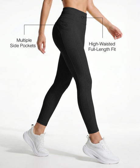 Black Textured High Impact Leggings With Pockets 25inches | High-Impact Support Best For Running, HIIT & Training