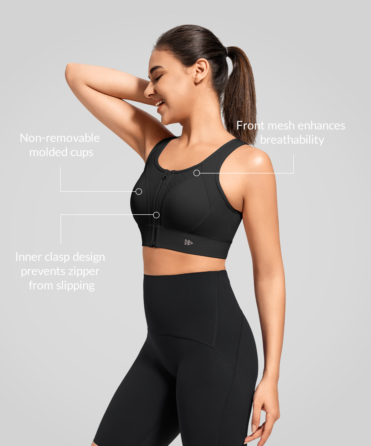 Power Zip Front Key Hole Back Sports Bra | Women's High Support Sports Bra