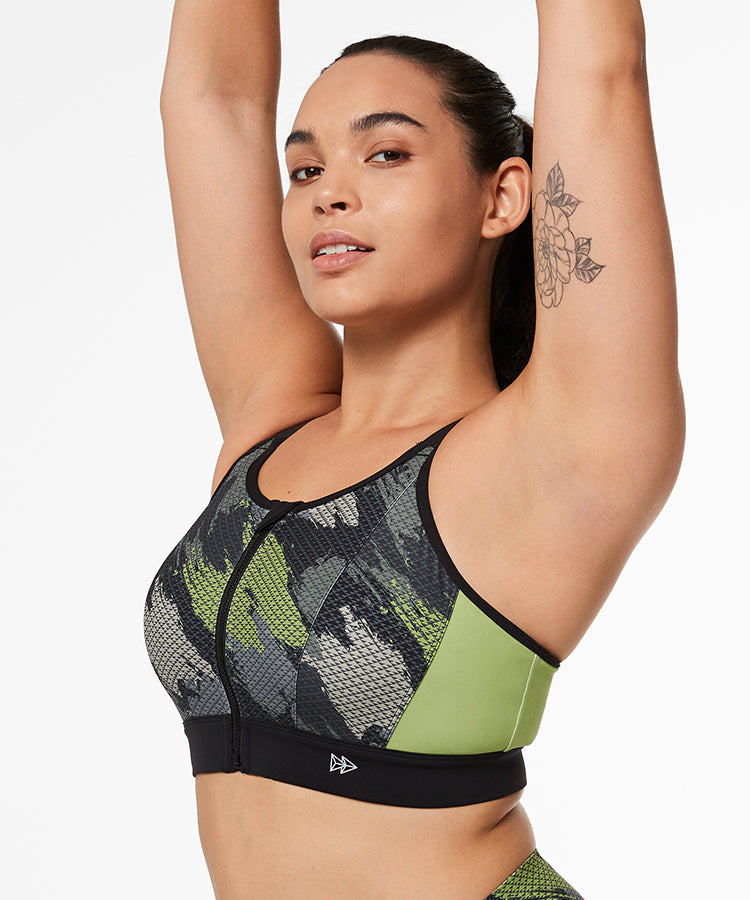 Echo Camouflage Adjustable Zip Racerback Padded Running Bra | Women's High Support Sports Bra