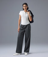Pantalones de traje modernos, largos, holgados y plisados con pierna ancha | Pantalones de sujeción ligera para mujer