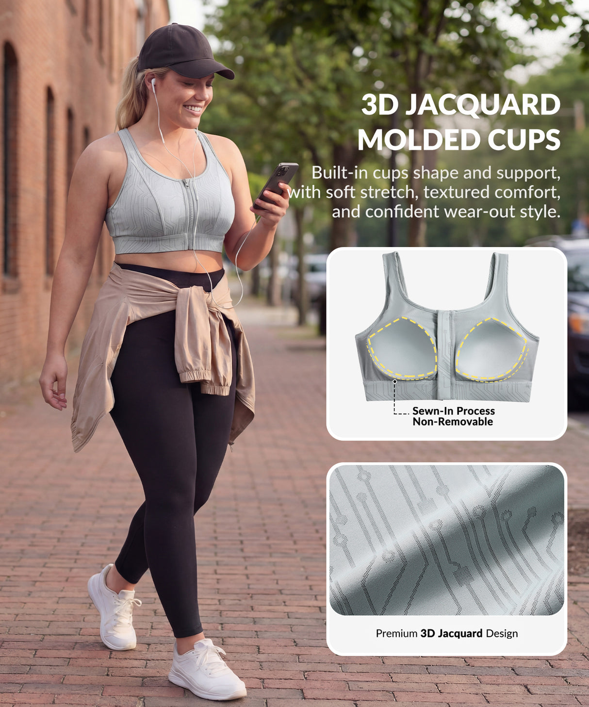 Power Zip Front Stripe Pattern Running Bra | Women's High Support Sports Bra