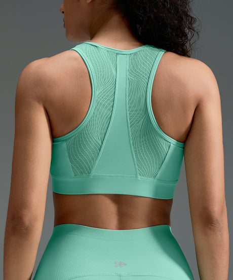 Power Zip Front Stripe Mesh Racerback Running Bra | Women's High Support Sports Bra
