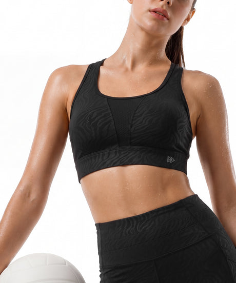 Black Racerback Mesh Full Coverage Running Bra | High-Impact Support Best For Running, HIIT, Yoga & Training