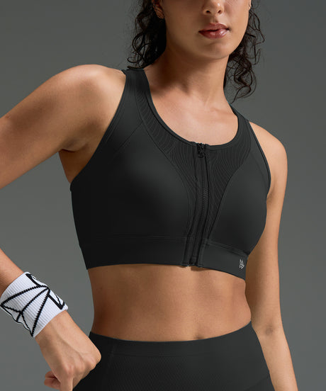 Sujetador deportivo de malla con espalda nadadora y cremallera frontal Power Zip Stripe | Sujetador deportivo de alta sujeción para mujer