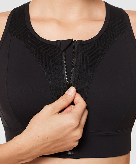 Hollow Back Front Zip Jacquard Padded Running Bra | Women's High Support Sports Bra