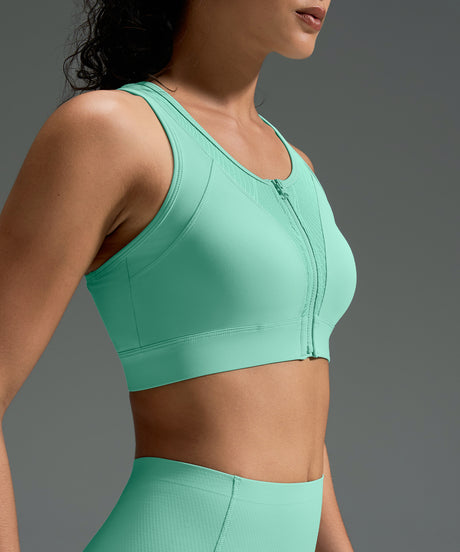 Power Zip Front Stripe Mesh Racerback Running Bra | Women's High Support Sports Bra