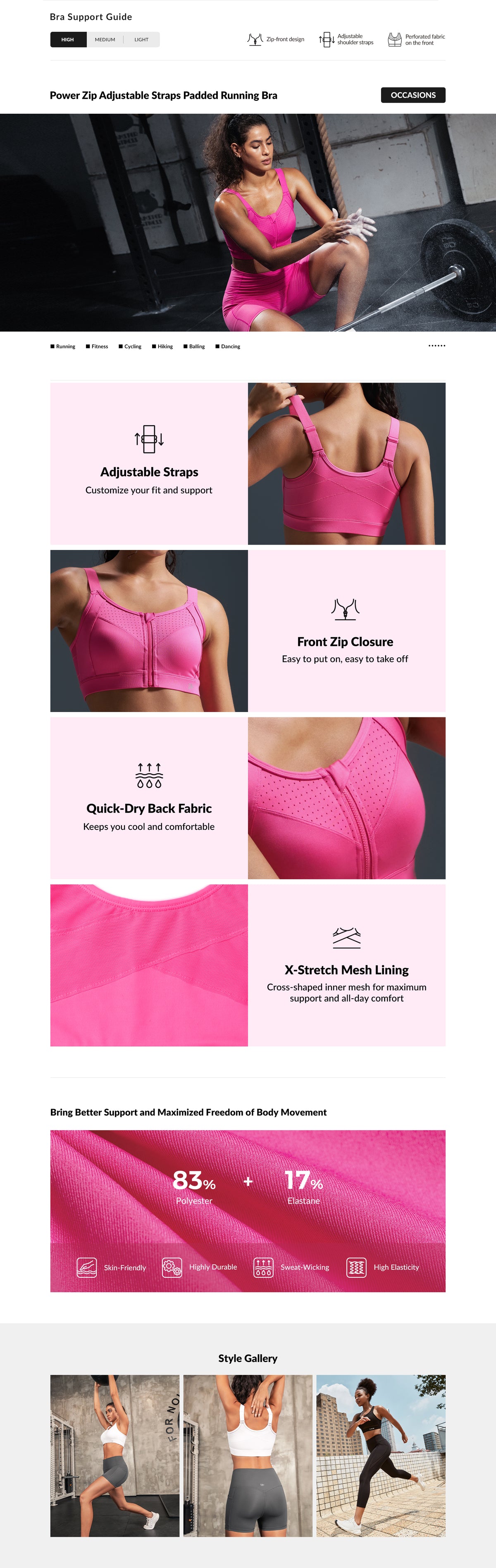 Power Zip Verstellbare Träger Gepolsterter Lauf-BH | Damen Sport-BH mit starkem Halt
