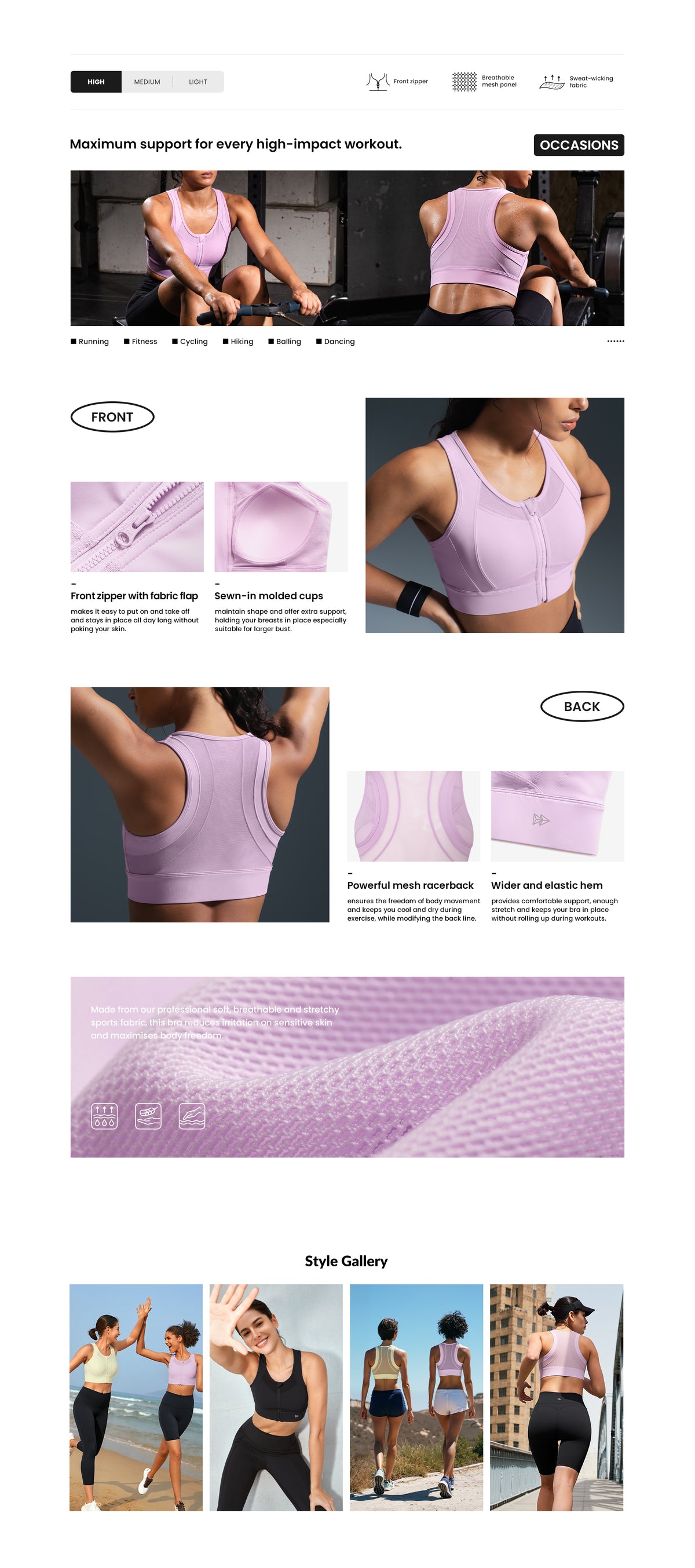 Sujetador para correr con relleno y espalda cruzada de malla con cremallera Sculpt | Sujetador deportivo de alta sujeción para mujer