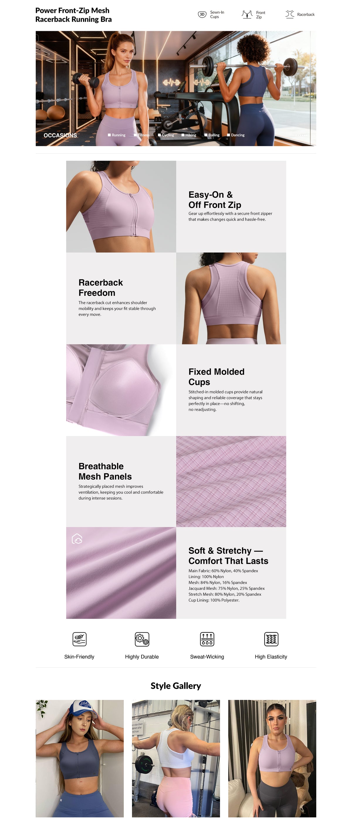 Power Front-Zip Mesh Racerback Löpar-BH | Sport-BH med högt stöd för kvinnor