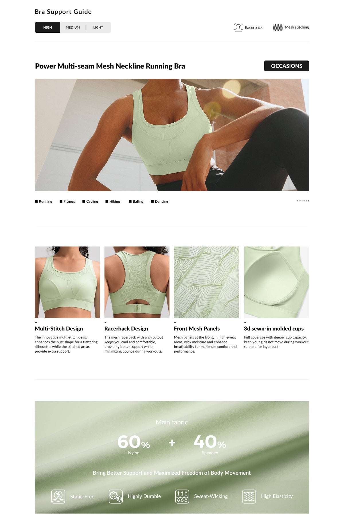 Power™ Multi-seam Mesh Neckline Running Bra | Women's High Support Sports Bra