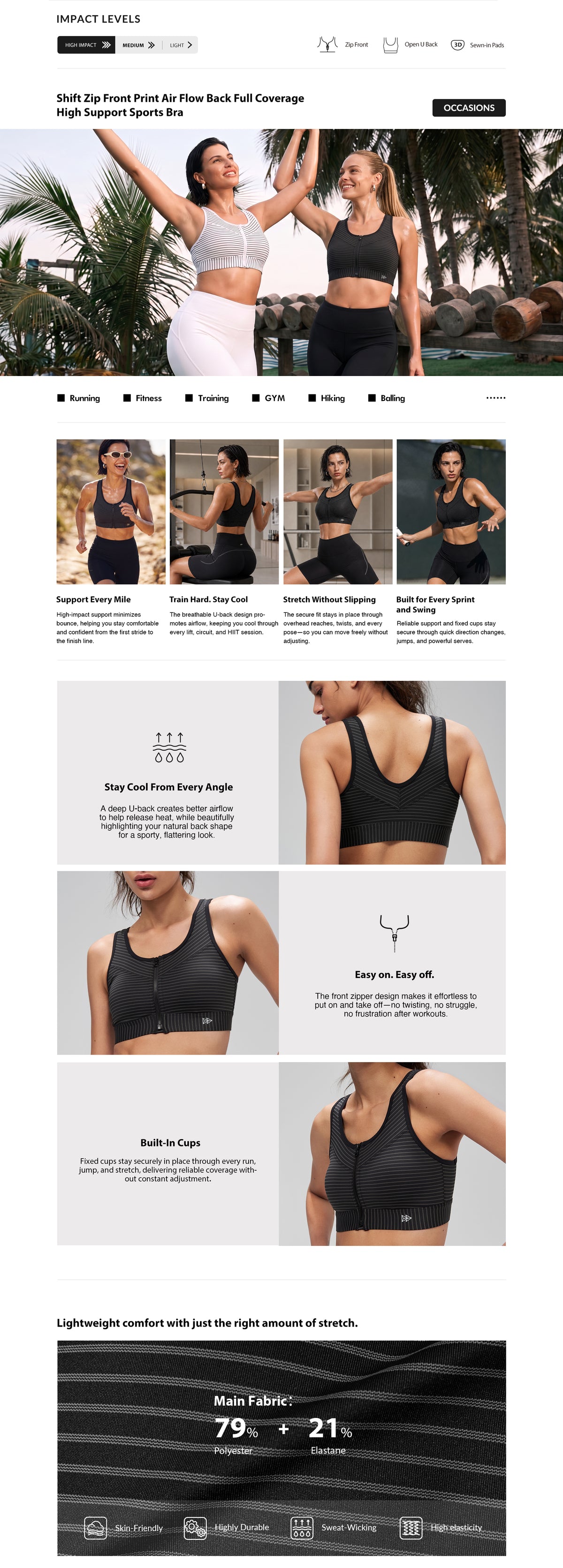 Shift™ Zip Front Print Air Flow Back Full Coverage High Support Sports Bra | Women's High Support Sports Bra