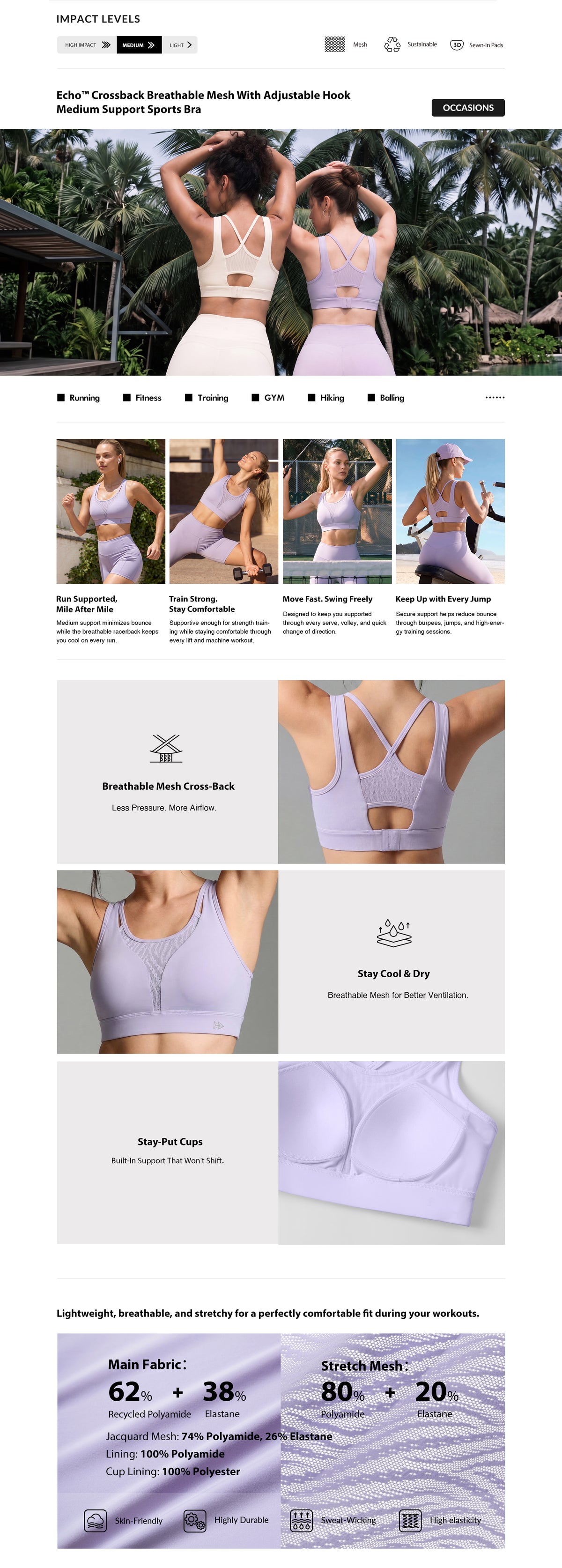 Echo™ Double-Strap Crossback Breathable Sports Bra | Medium Support for Yoga & HIIT
