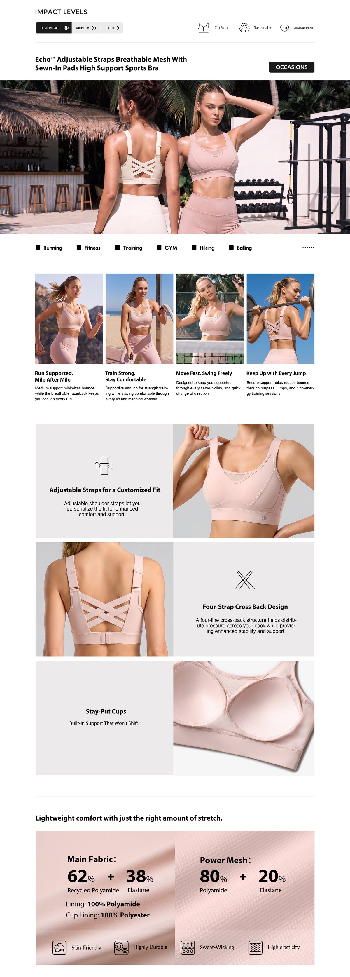 Echo™ Crisscross Adjustable-Strap Sports Bra with Mesh | Sustainable Bounce Control for Running, HIIT & Training