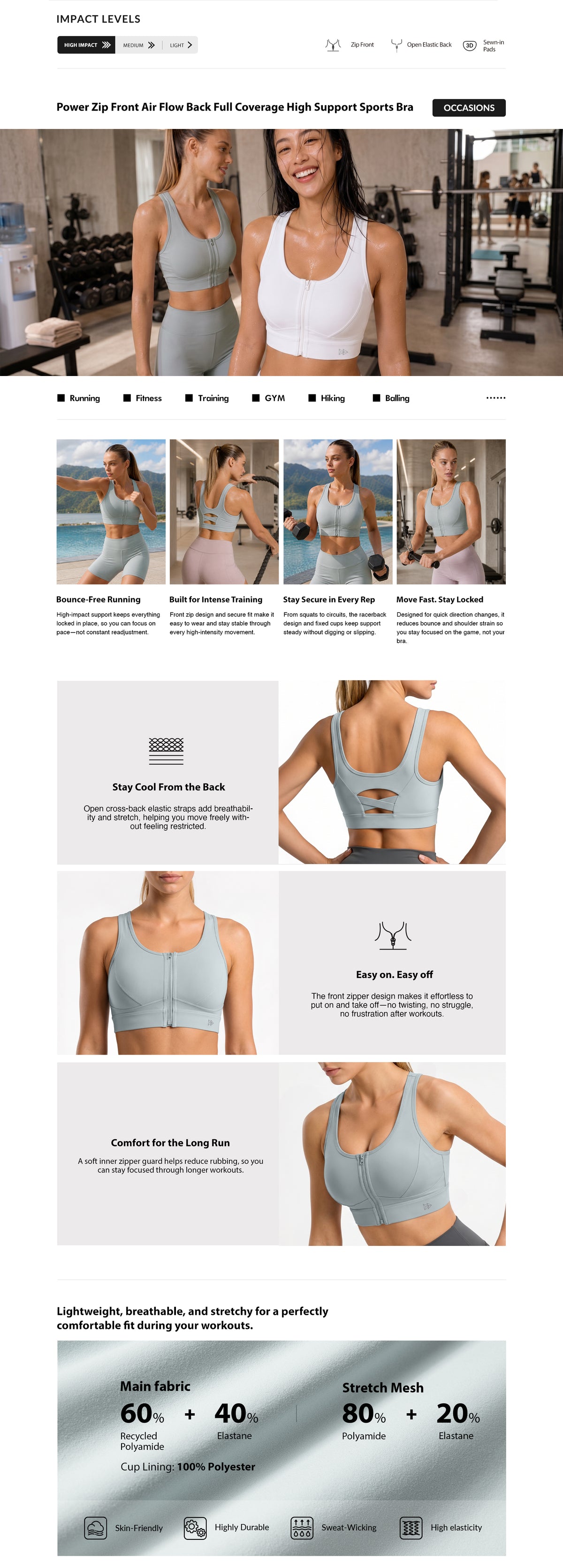 Power™ Zip Front Air Flow Back Full Coverage High Support Sports Bra | Women's High Support Sports Bra