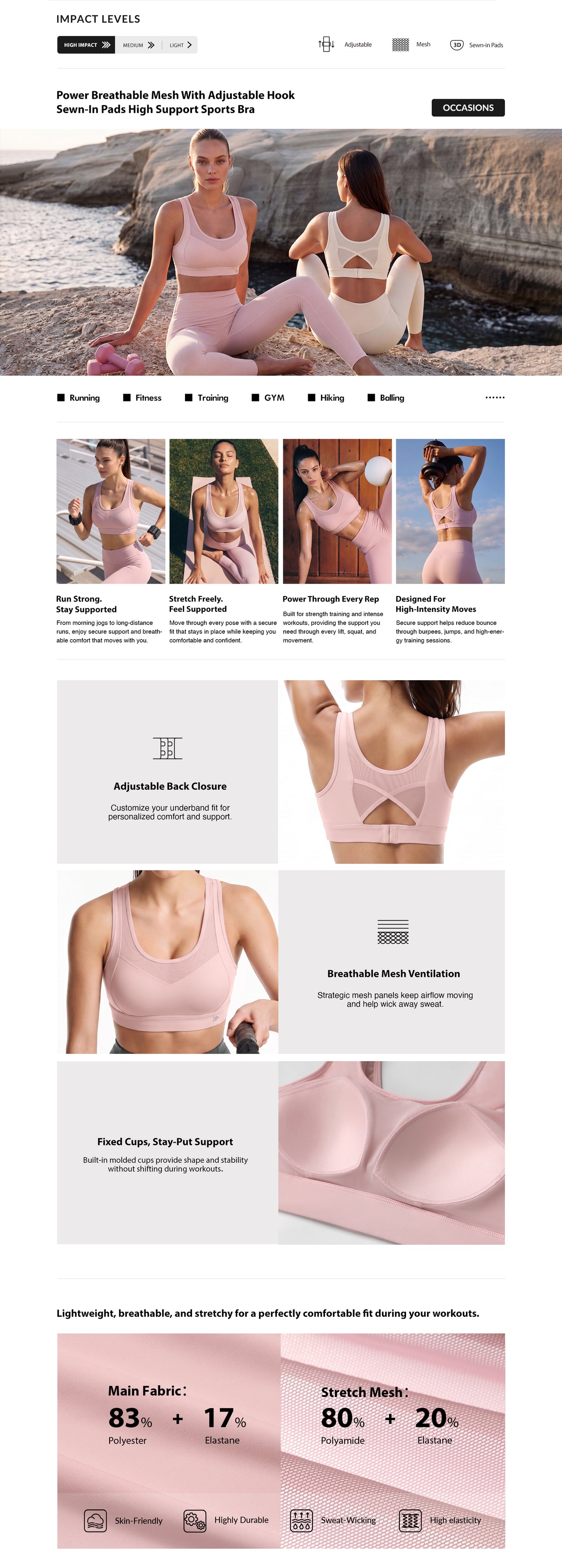 Power™ Breathable Cutout Sports Bra with Hook Closure | High Support for Running, HIIT & Training