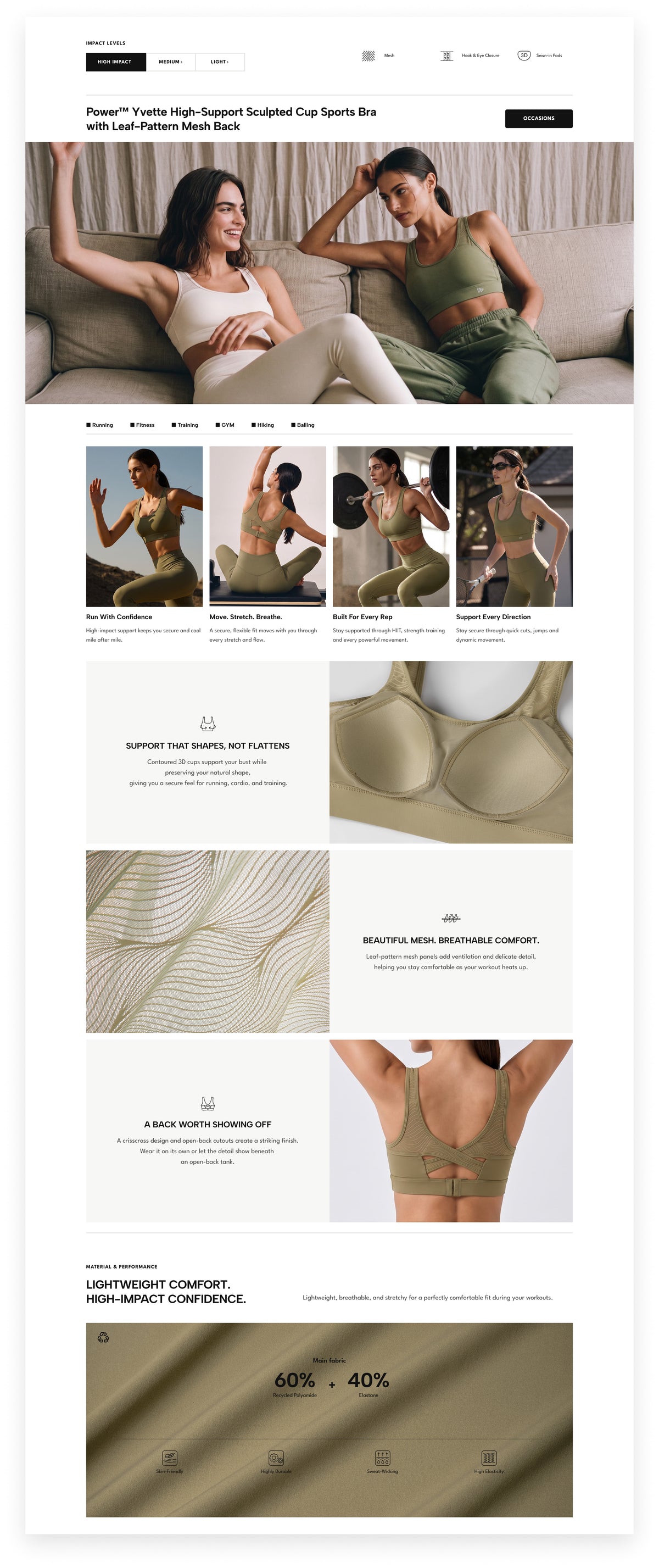 Power™ Yvette High-Support Sculpted Cup Sports Bra with Leaf-Pattern Mesh Back | High-Impact Bounce Control Without Flattening for Running, HIIT & Training
