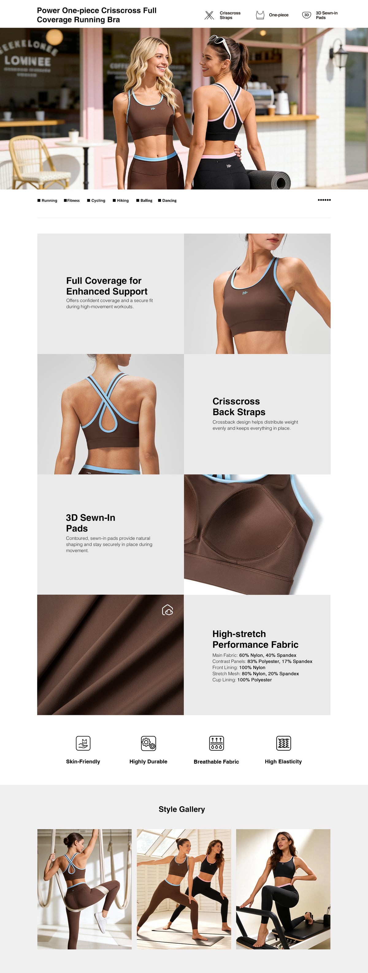 Reggiseno da corsa Power One-piece Crisscross a copertura totale | Reggiseno sportivo ad alto sostegno da donna