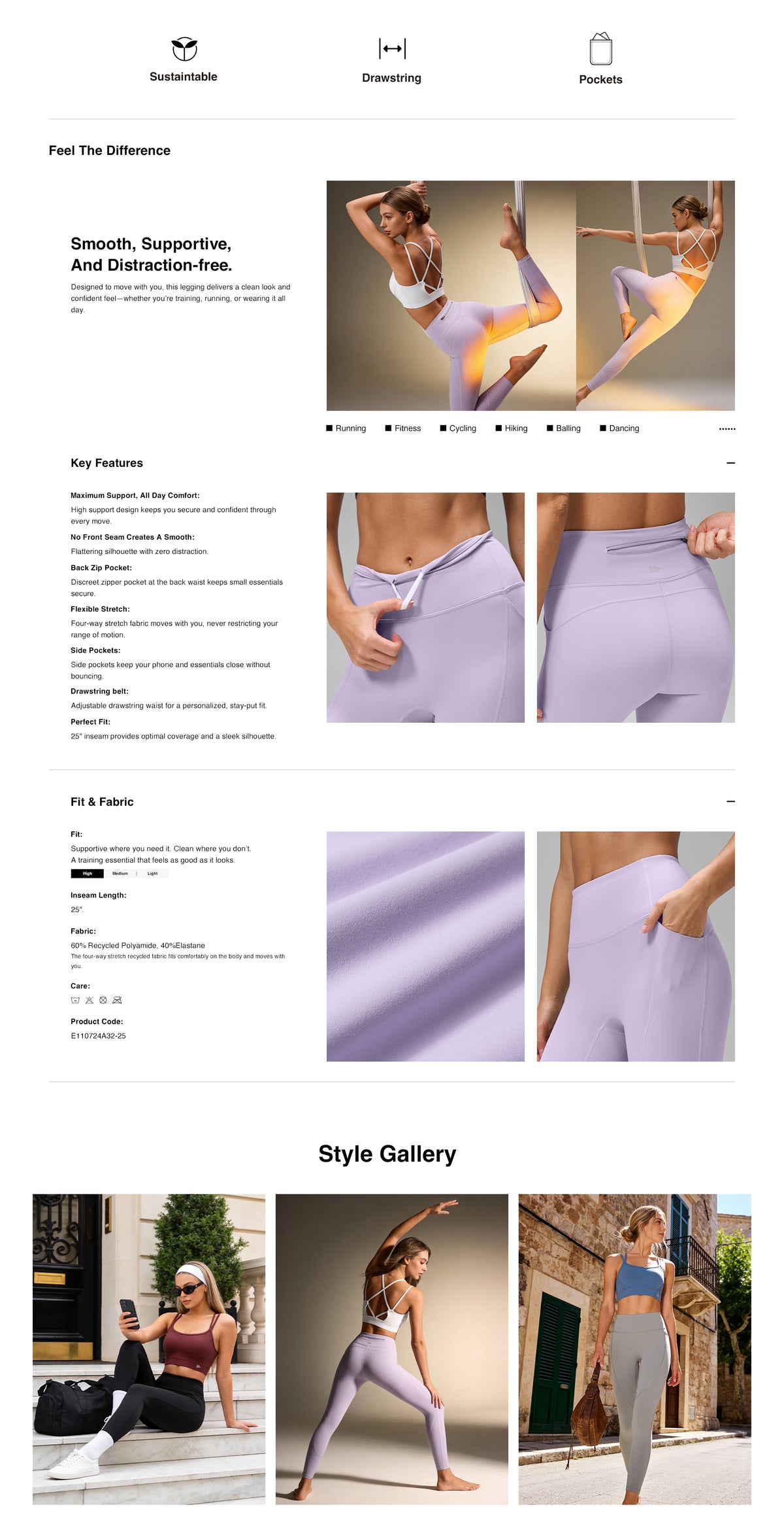 Echo™ No-Front-Seam Pocket Leggings 25 Inch | Women's High Support Leggings