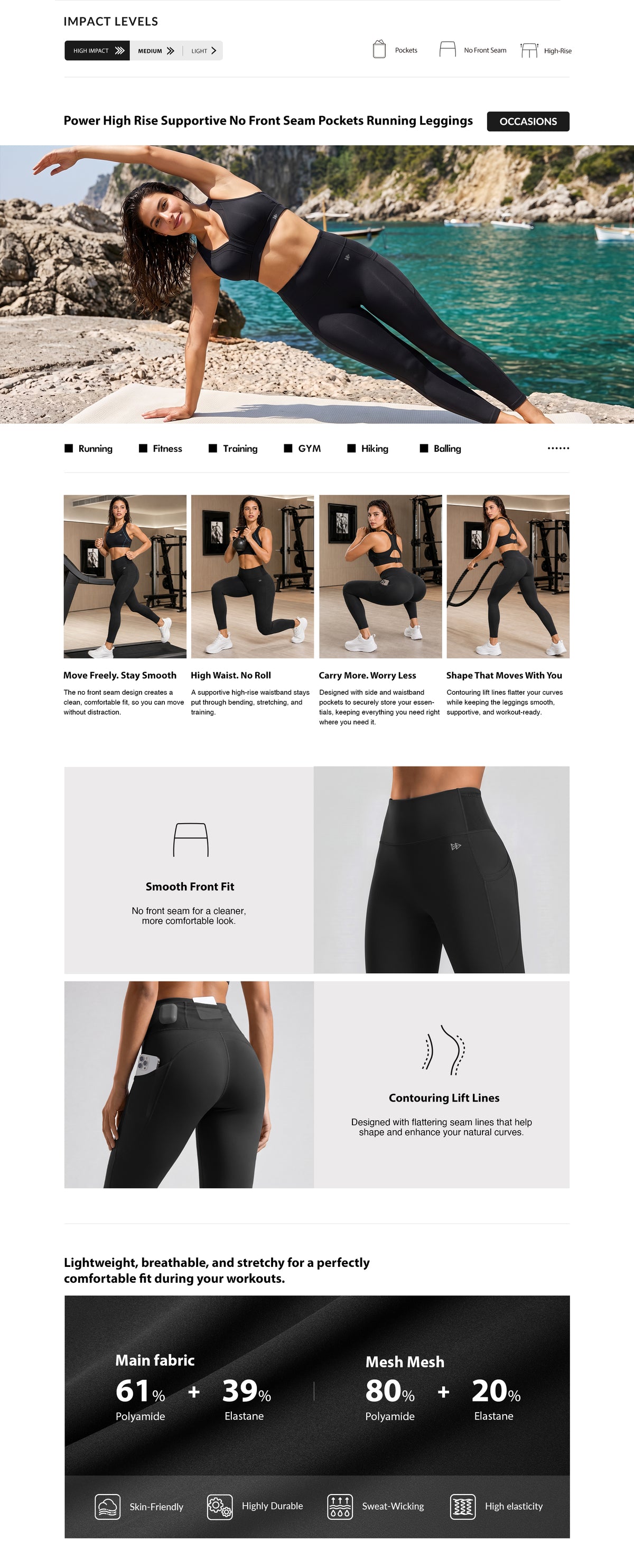 Power High Rise Supportive No Front Seam Pockets Running Leggings 27 Inch | Women's High Support Leggings