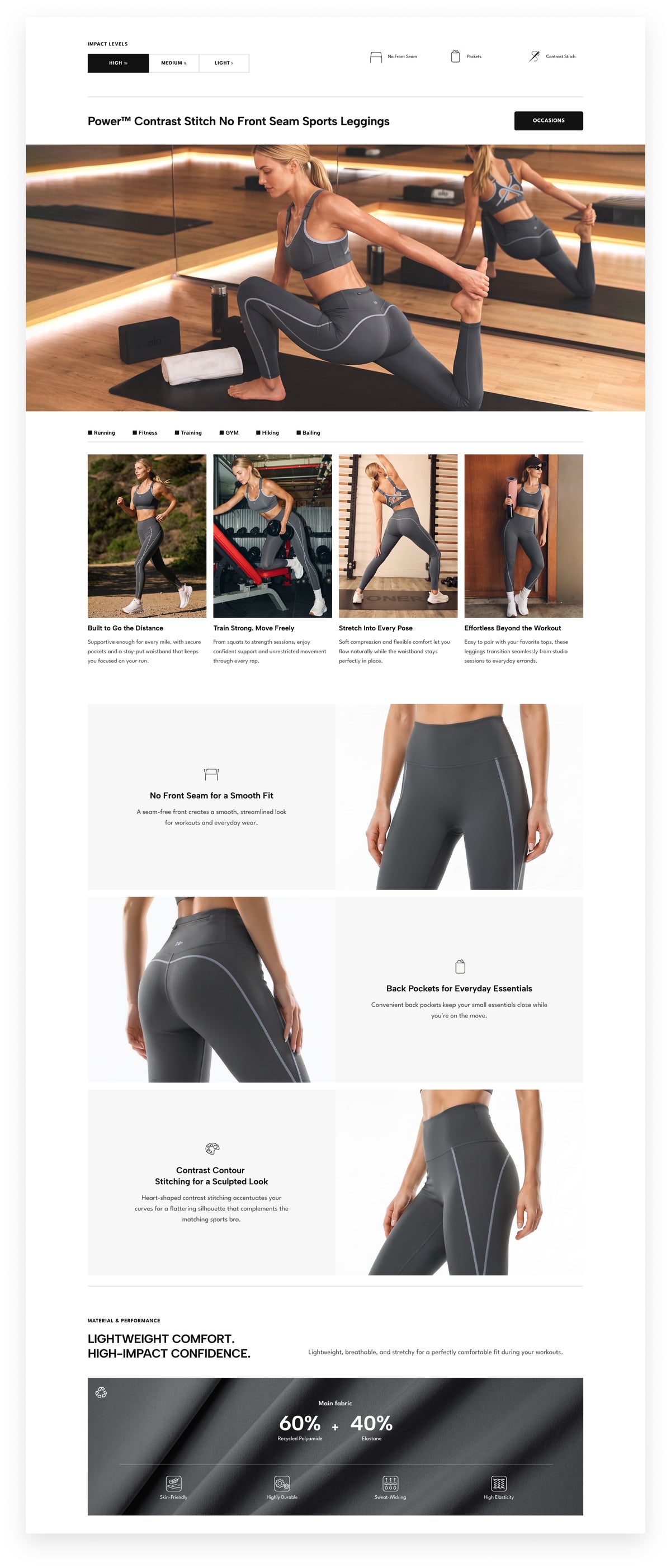 Power™ Contrast Stitch No Front Seam Sports Leggings | Women's High Support Leggings