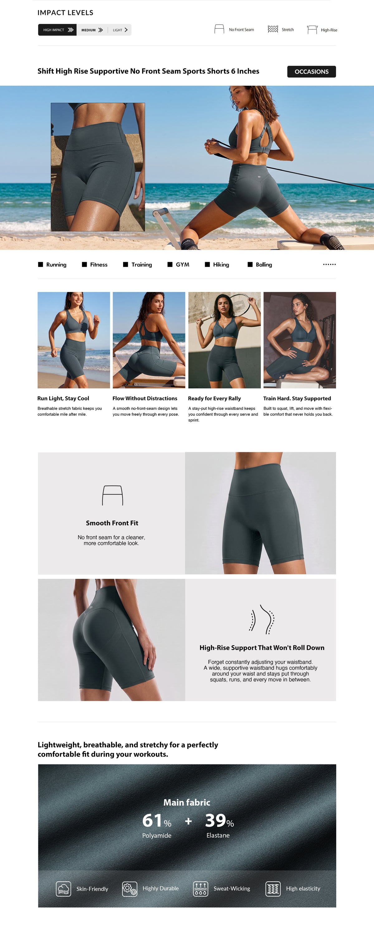 Shift™ High Rise Supportive No Front Seam Sports Shorts 6 Inches| Women's High Support Running Shorts