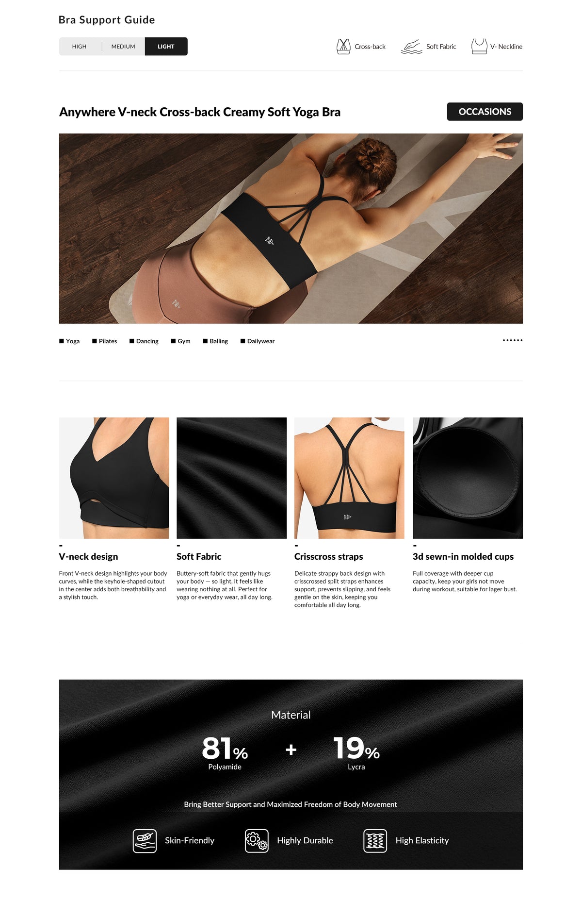 Anywhere V-Ausschnitt Cremeweicher Yoga-BH | Leicht stützender Sport-BH für Damen