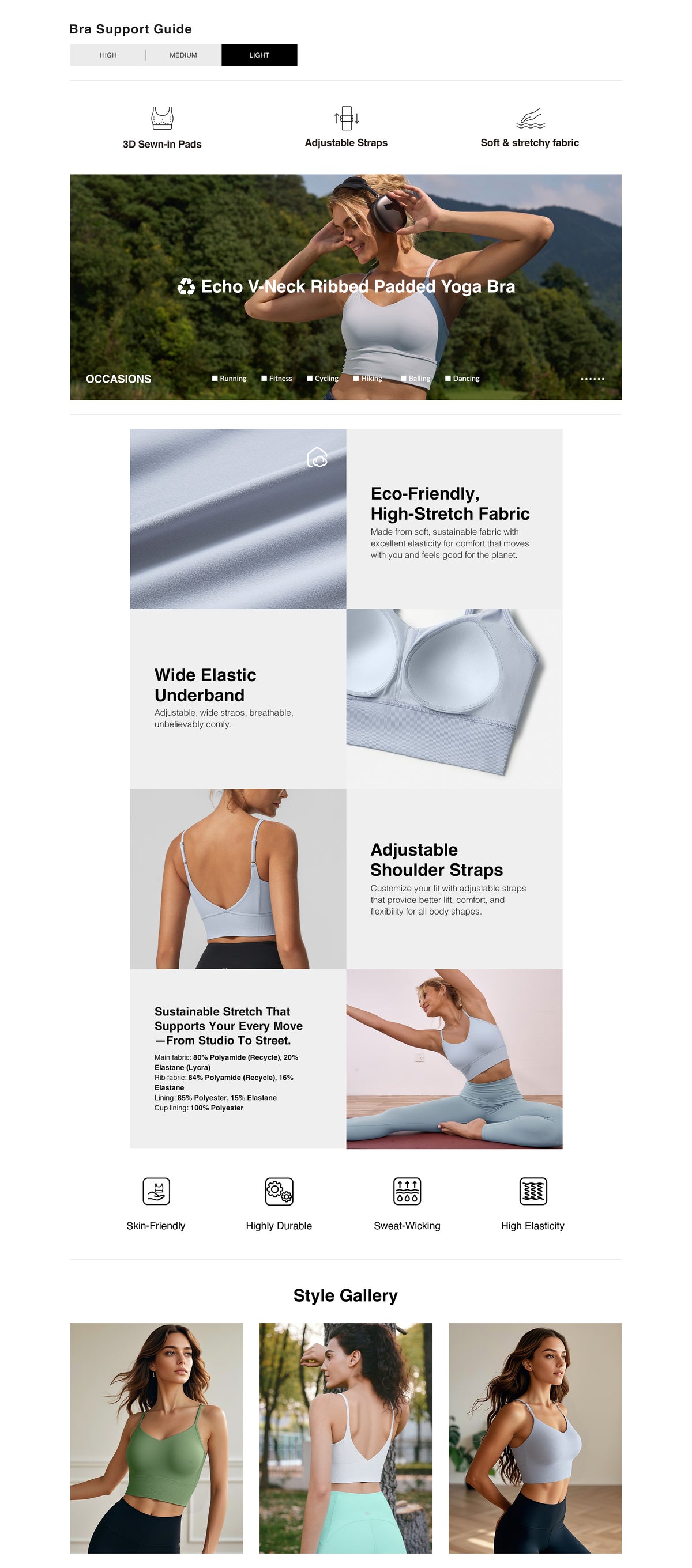 Echo™ V-Neck Ribbed Padded Yoga Bra | Women's Light Support Sports Bra