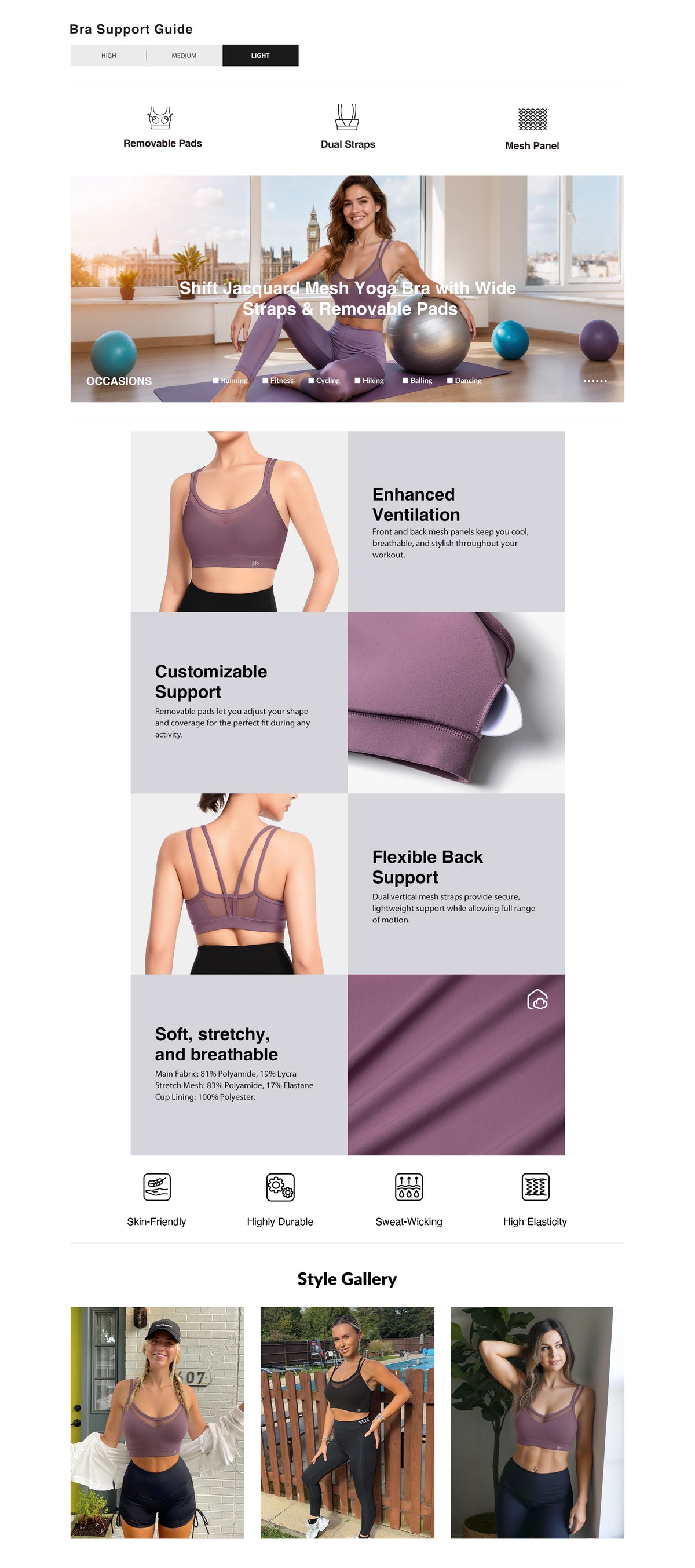 Shift Mesh Yoga-BH mit herausnehmbaren Polstern und doppelten Rückenträgern | Leicht stützender Sport-BH für Damen