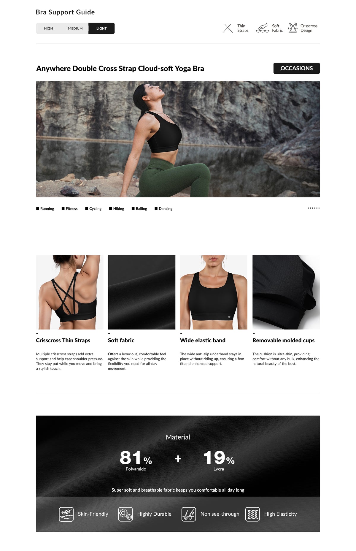 Anywhere Cloud-Soft Yoga-BH mit doppelten Kreuzträgern | Leicht stützender Sport-BH für Damen