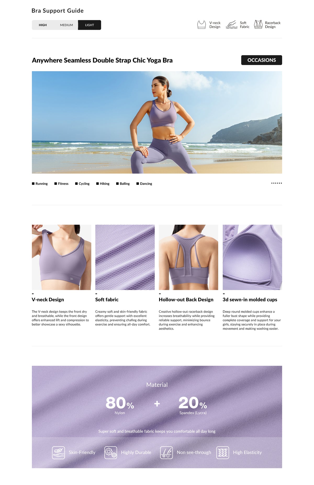 Anywhere V-Ausschnitt Racerback Yoga-BH im neuen Stil | Leicht stützender Sport-BH für Damen