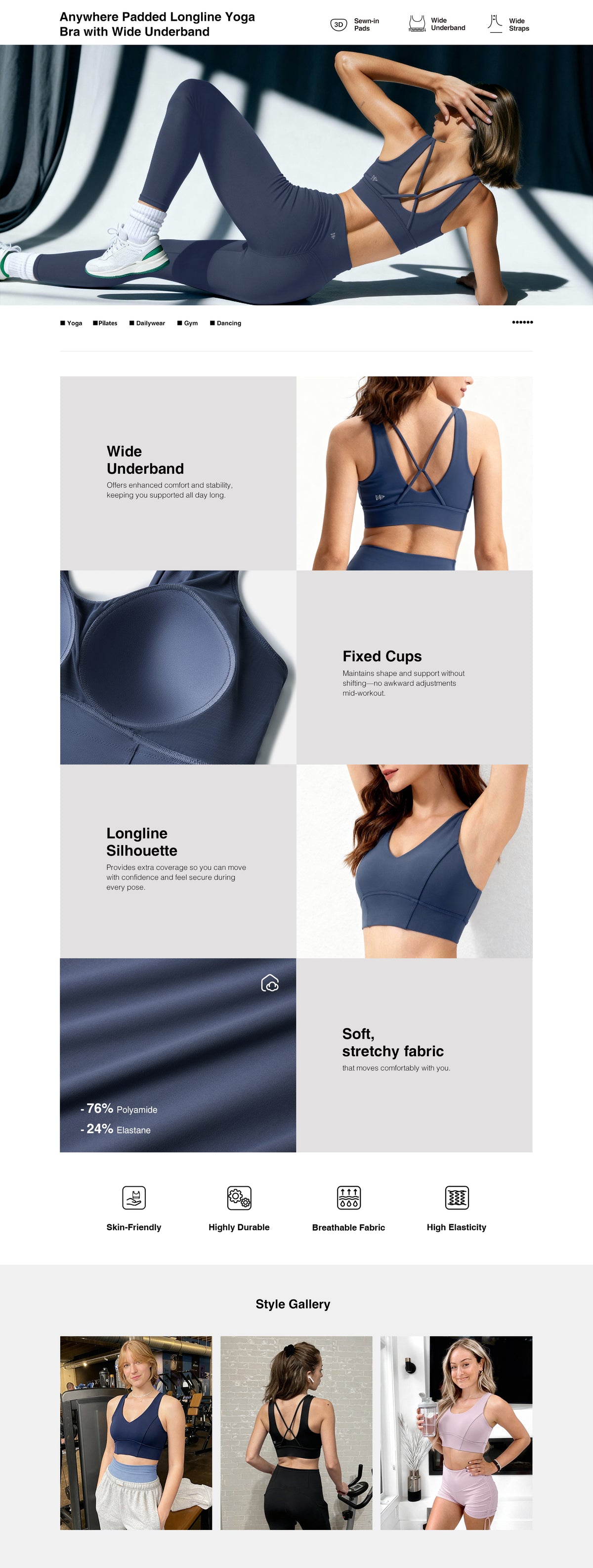 Reggiseno yoga lungo imbottito Anywhere con fascia larga | Reggiseno sportivo leggero da donna
