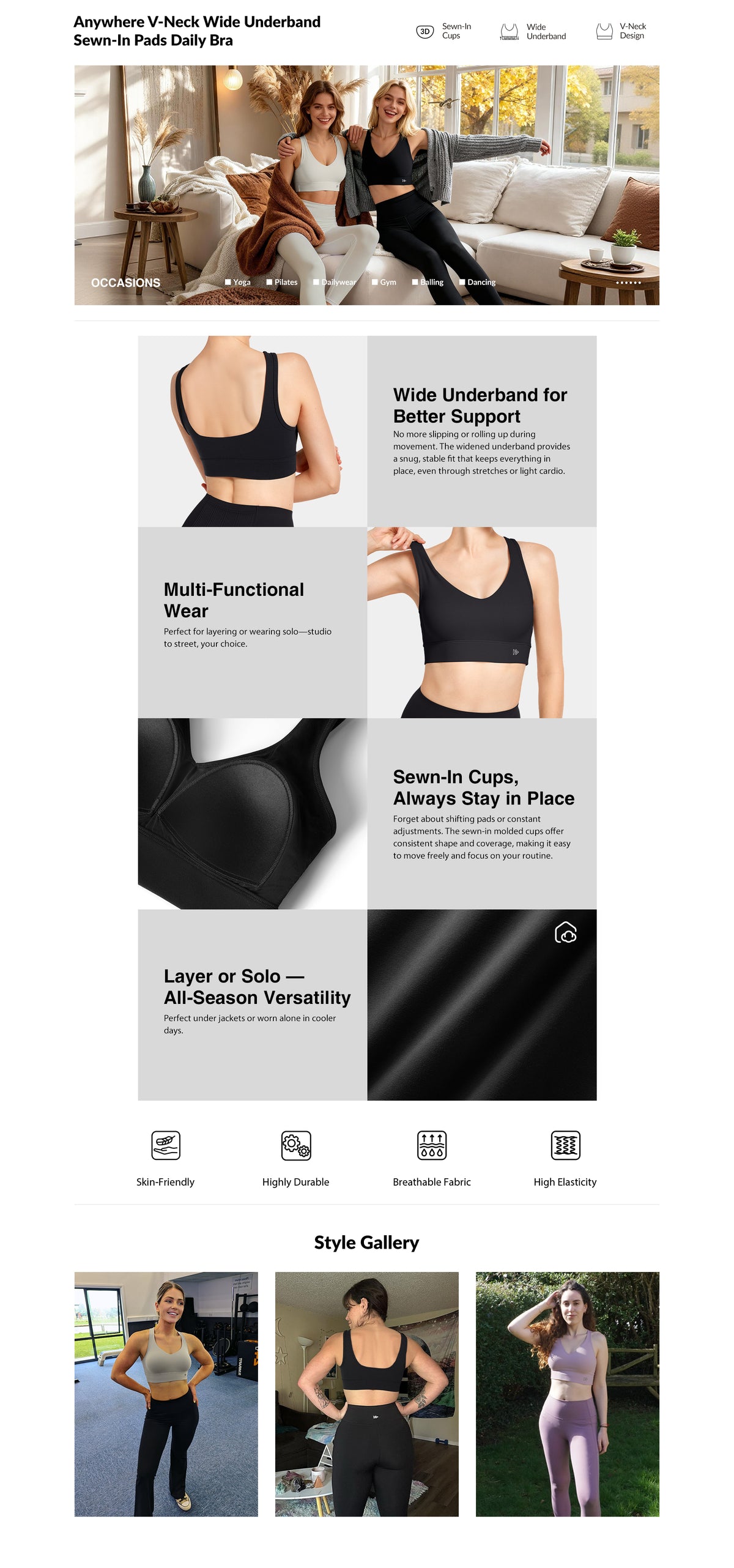 Anywhere™ V-Neck Wide Underband Sewn-In Pads Daily Bra | Women's Light Support Sports Bra