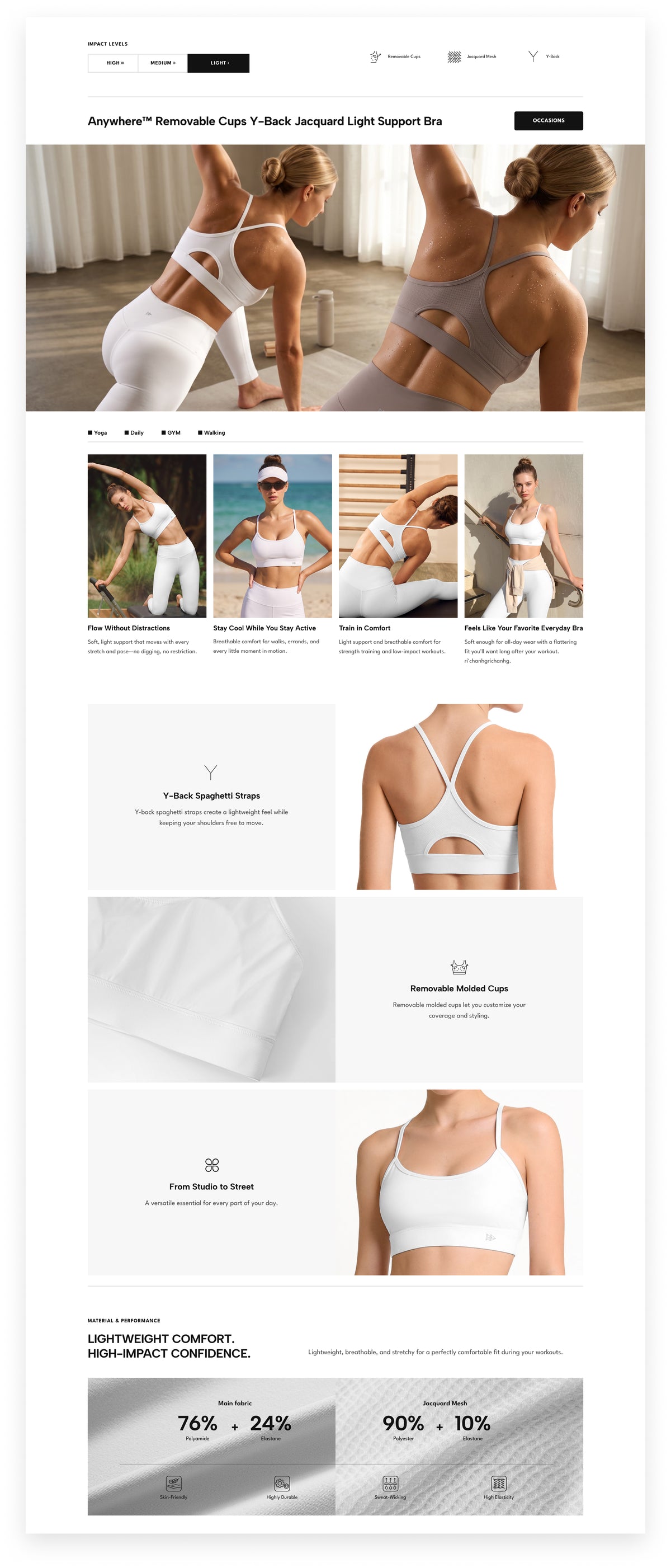 Anywhere™ Removable Cups Y-Back Jacquard Light Support Bra | Women's Light Support Sports Bra Best For Yoga, HIIT