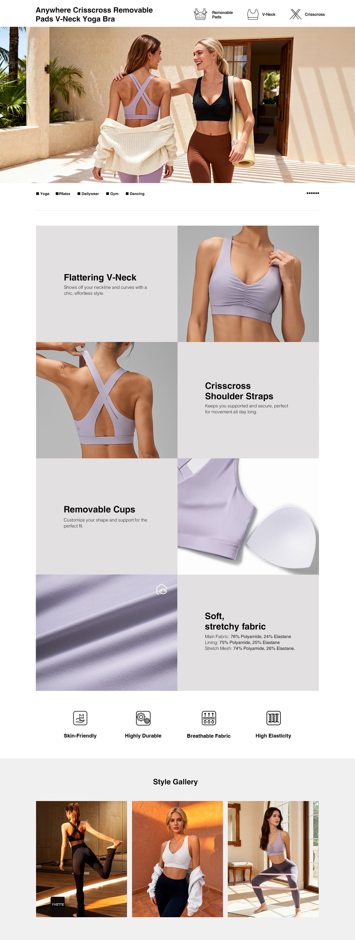 Sujetador de yoga con cuello en V y almohadillas extraíbles Anywhere Crisscross | Sujetador deportivo de sujeción ligera para mujer
