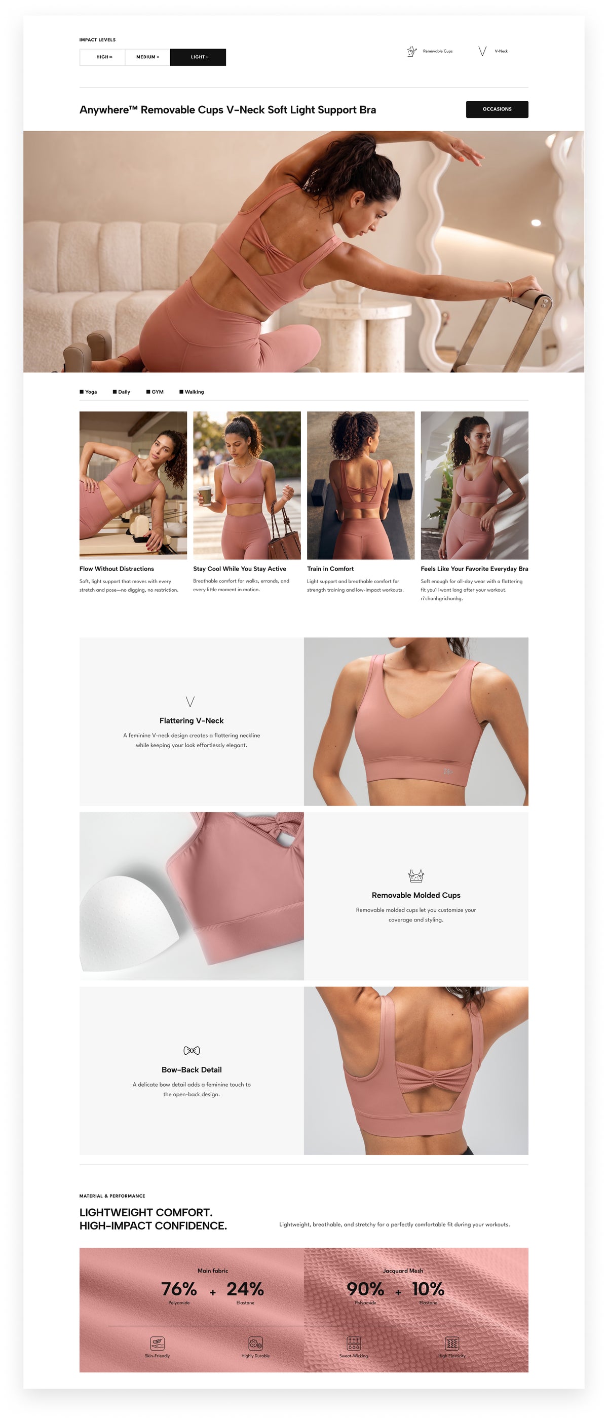 Anywhere™ Removable Cups V-Neck Soft Light Support Bra | Women's Light Support Sports Bra Best For Yoga, HIIT