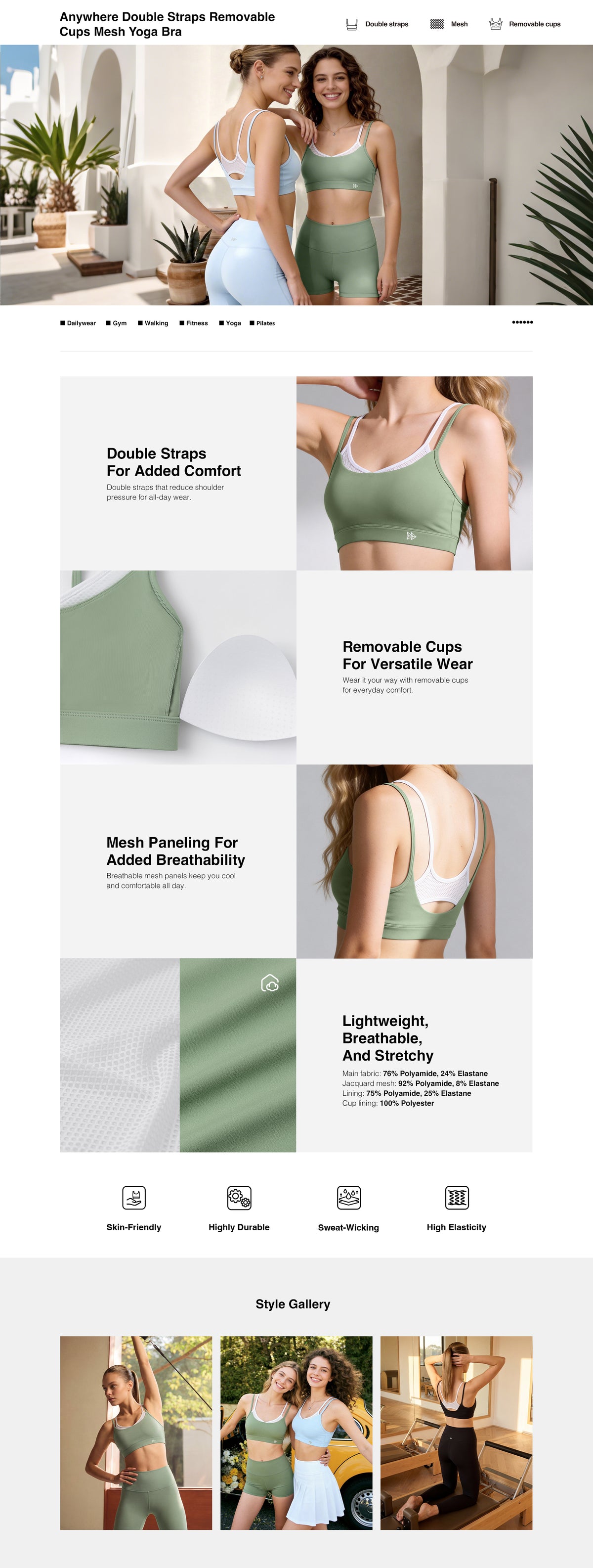 Anywhere™ Double Straps Removable Cups Mesh Yoga Bra | Women's Light Support Sports Bra