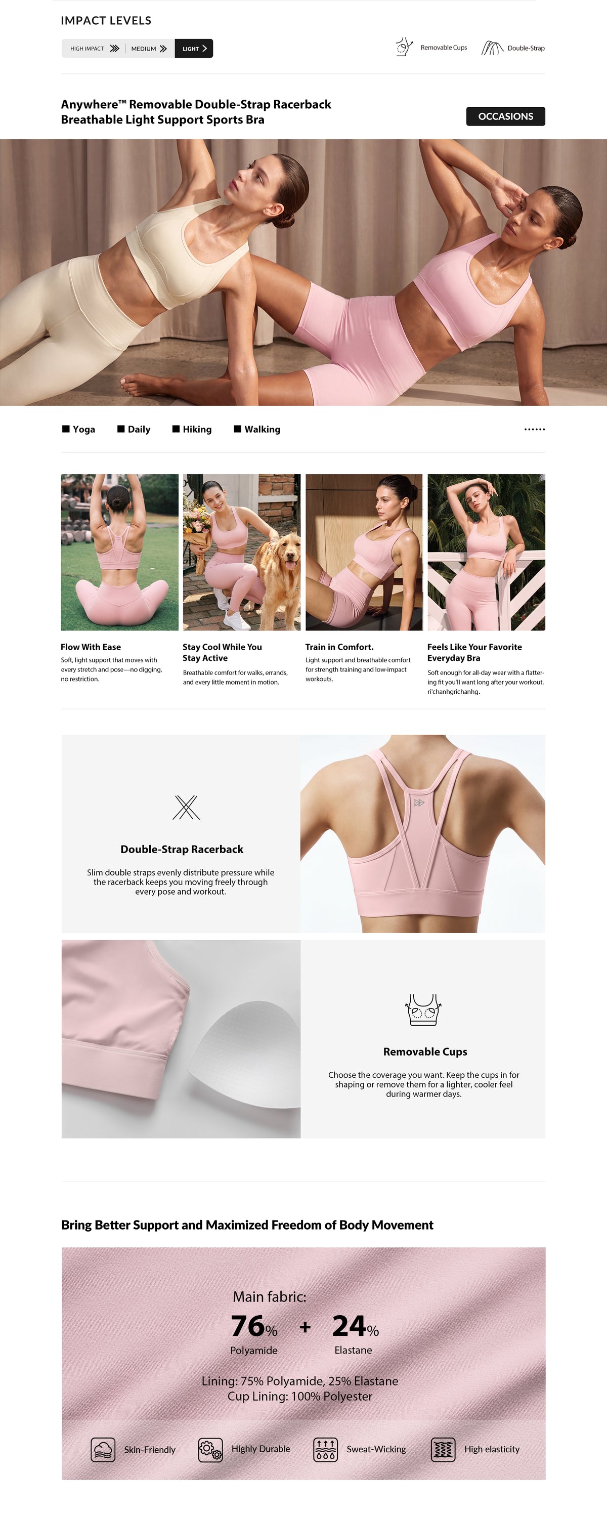 Anywhere™ Double-Strap Removable-Pad Sports Bra | Light Support with Breathable Mesh for Yoga, Pilates & Everyday Wear