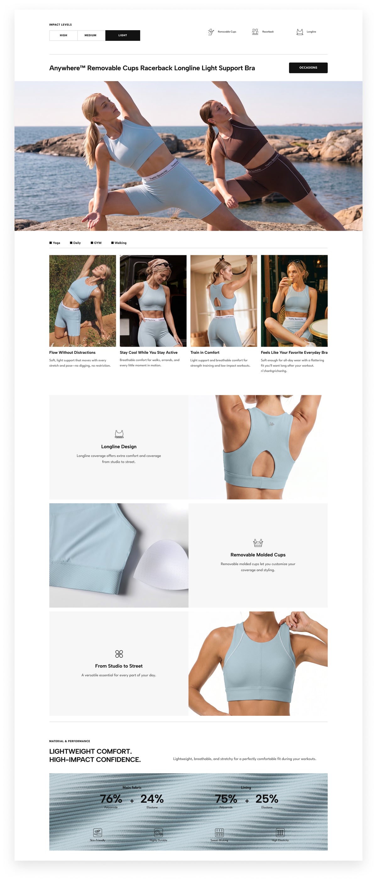 Anywhere™ Removable Cups Racerback Longline Light Support Bra | Women's Light Support Sports Bra Best For Yoga, HIIT
