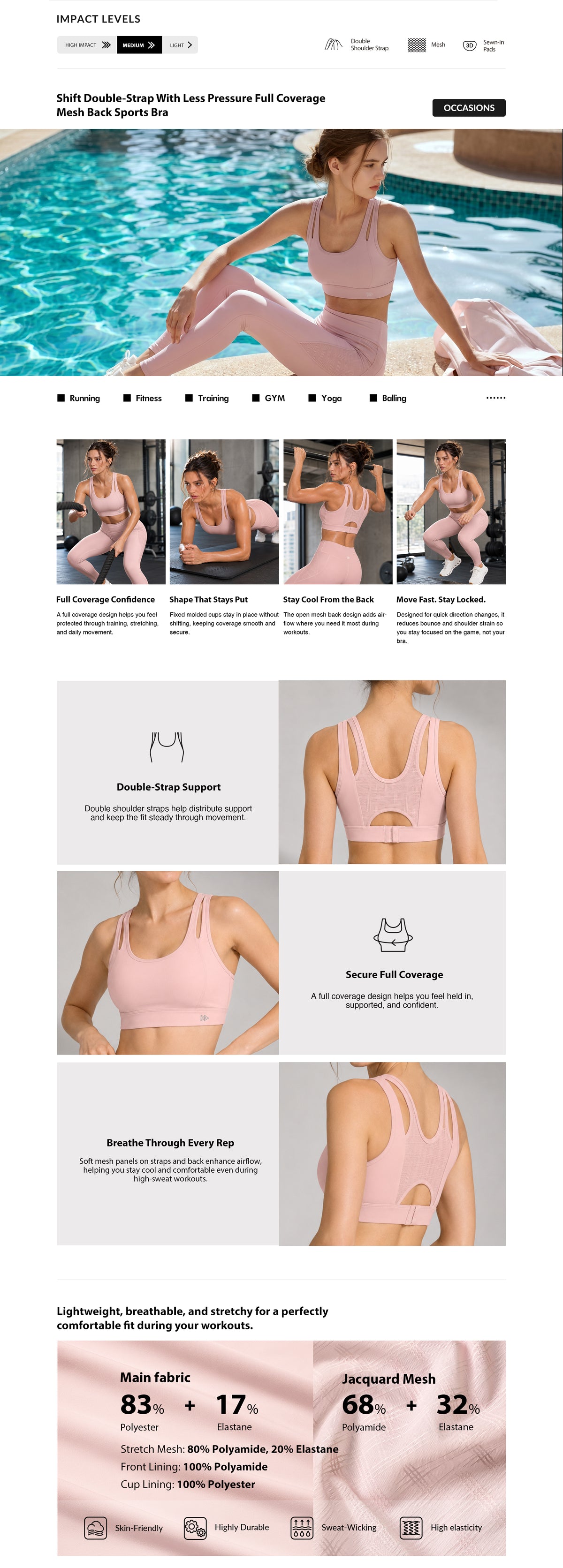 Shift™ Double-Strap With Less Pressure Full Coverage Mesh Back Sports Bra | Women's Light Support Sports Bra Best For Yoga, HIIT