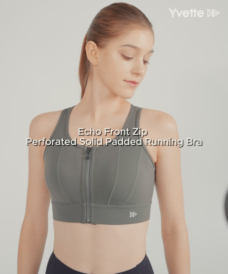 Echo Front Zip Perforerad Solid Vadderad Löpar-BH | Sport-BH med Högt Stöd för Damer