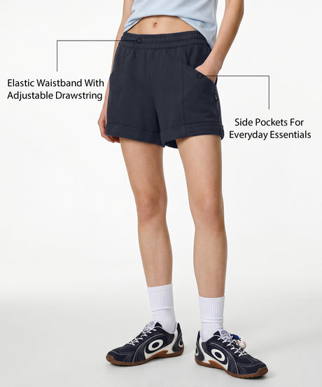 Anywhere Navy Elastic Waistband & Adjustable Drawstring Multi-Pocket Shorts | Women's Running Shorts