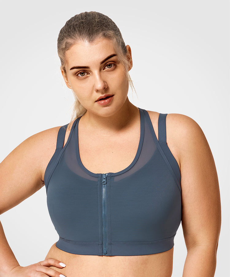 Yvette Power Zip Front Mesh Padded Running Bra Women's High Support Sports Bra (Plus Size) Dark Grey, 5XL+(48D/48DD/48DDD/48E/48F)(48D-F)