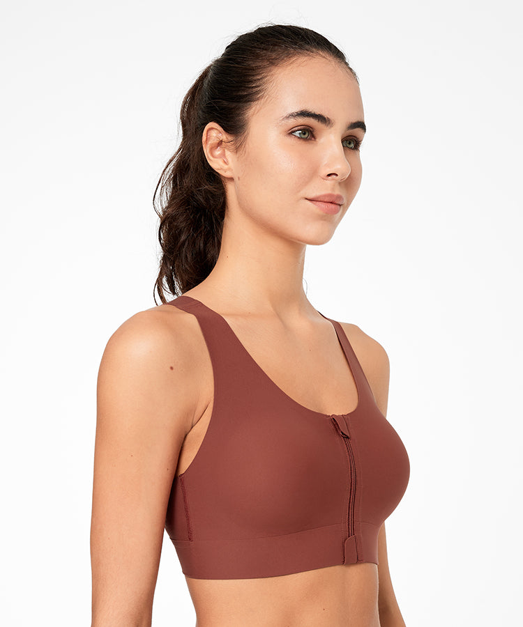 Front Zip Sports Bra, BROWN