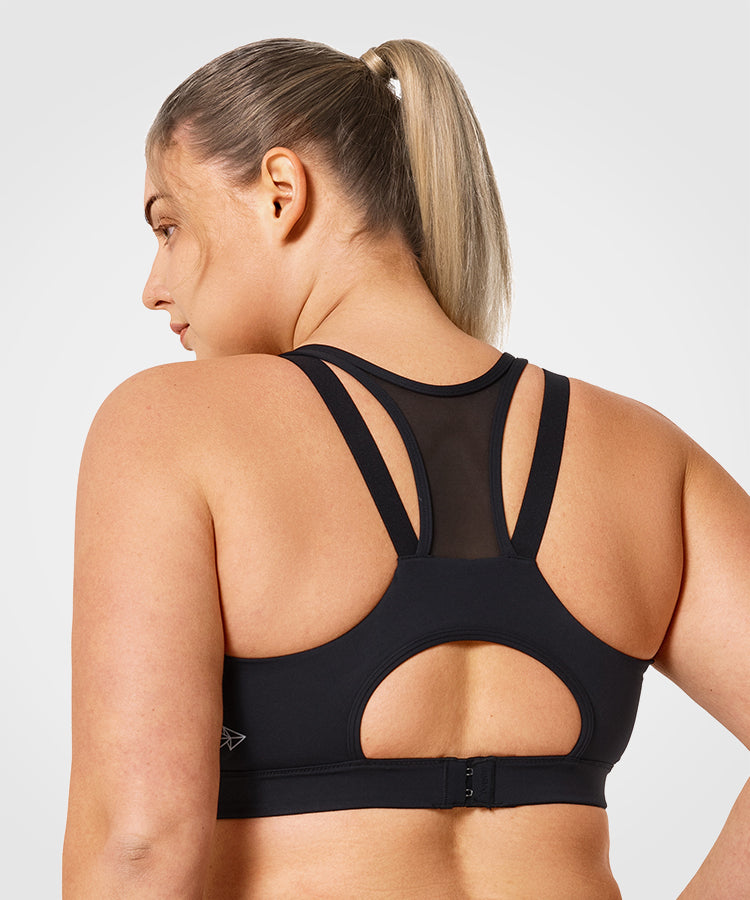 Womens black zip front cross back high impact sports bra – Yvette_UK