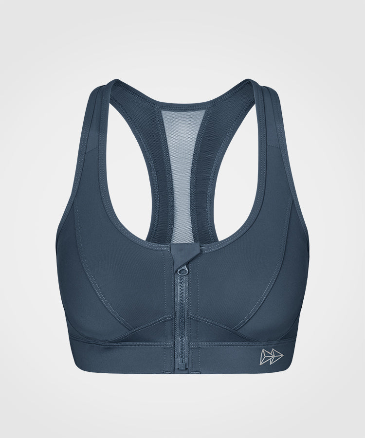 yvette enfold zip front mesh racerback padded running bra in grey